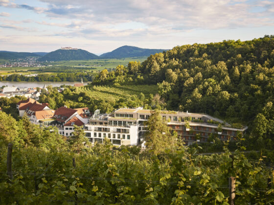 Außenansicht des Steigenberger Hotel & Spa Krems mit moderner Architektur, großen Glasfenstern und einer Terrasse mit Sitzmöglichkeiten, umgeben von grünen Hügeln.