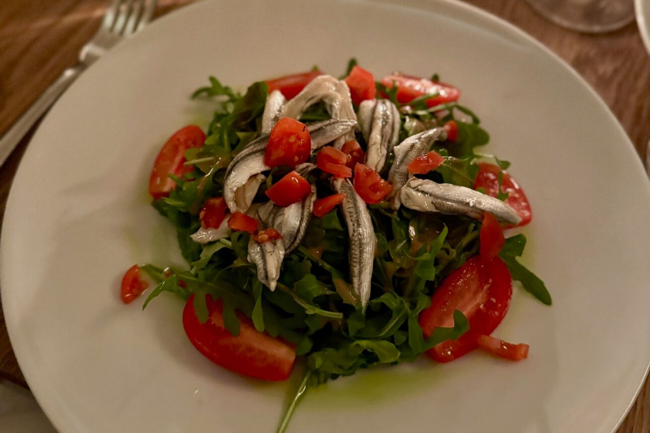 Salat mit Rucola, Tomaten und marinierten Sardellen auf weißem Teller.