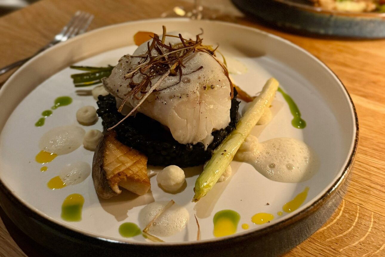 Gebratenes Fischfilet auf Belugalinsen mit Lauch, Pilzen und feinen Saucentupfern auf einem Restaurantteller.